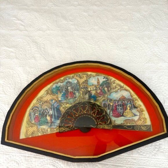 19th century spanish fan paper with gold and wood framed - Picture 1 of 4